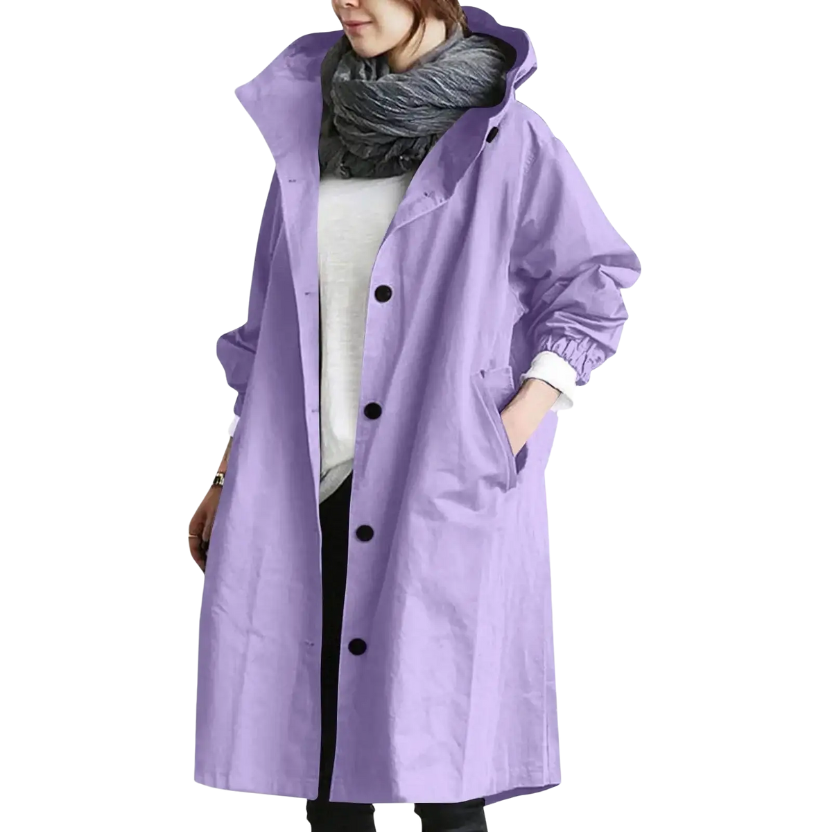 Women hooded trench coat long windbreaker in lavender with black buttons and long sleeves for wind protection