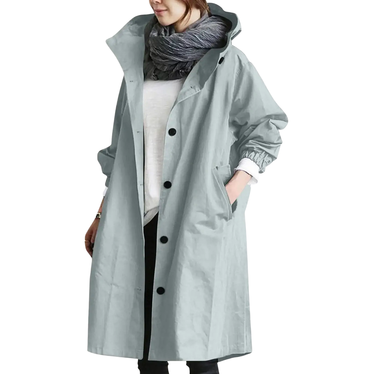 Women hooded trench coat long windbreaker in light gray with black buttons and a hood for versatile outerwear