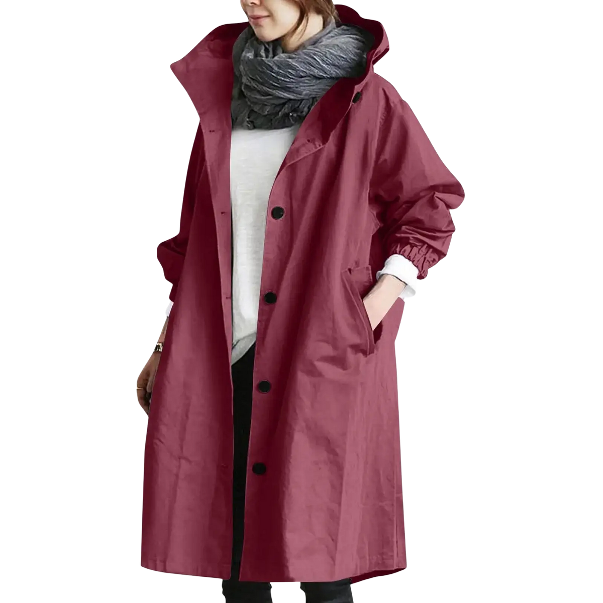 A maroon women hooded trench coat with black buttons featuring a longline design and windbreaker material