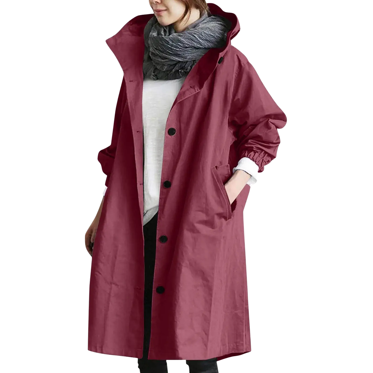 Women hooded trench coat long windbreaker in maroon with black buttons and long sleeves for stylish protection