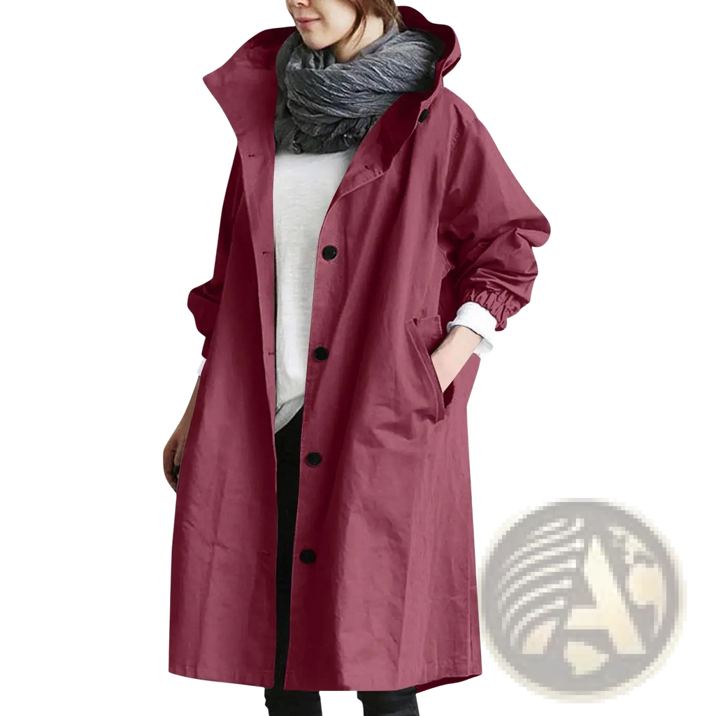 Women hooded trench coat long windbreaker in maroon with black buttons and long sleeves for stylish protection