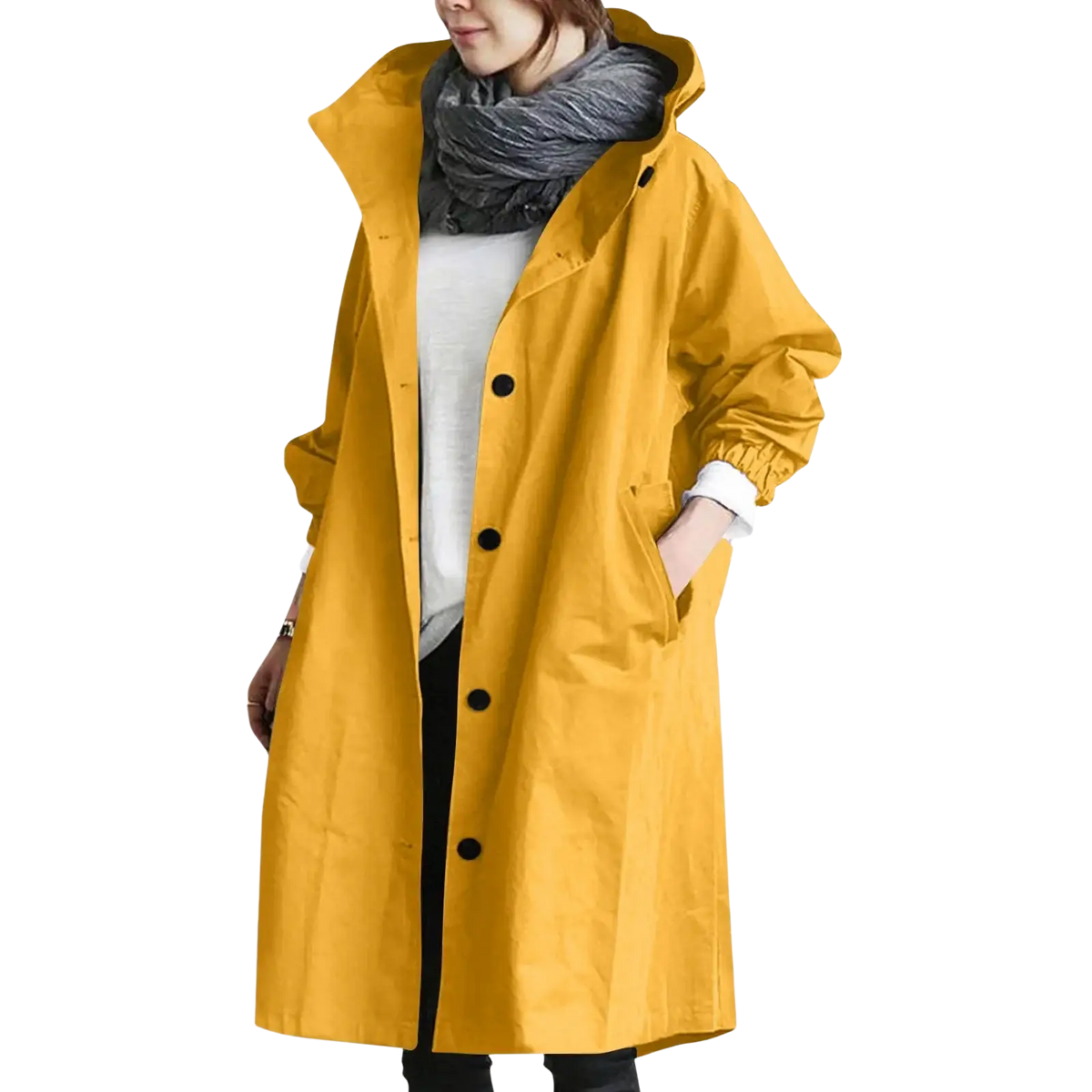 A mustard-yellow women hooded trench coat long windbreaker with black buttons designed for rainy weather
