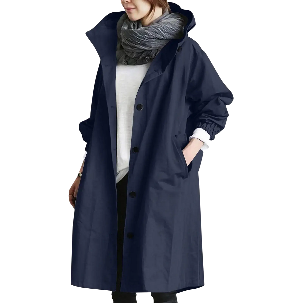 Navy blue women hooded trench coat with black buttons and elasticated cuffs designed as a long windbreaker