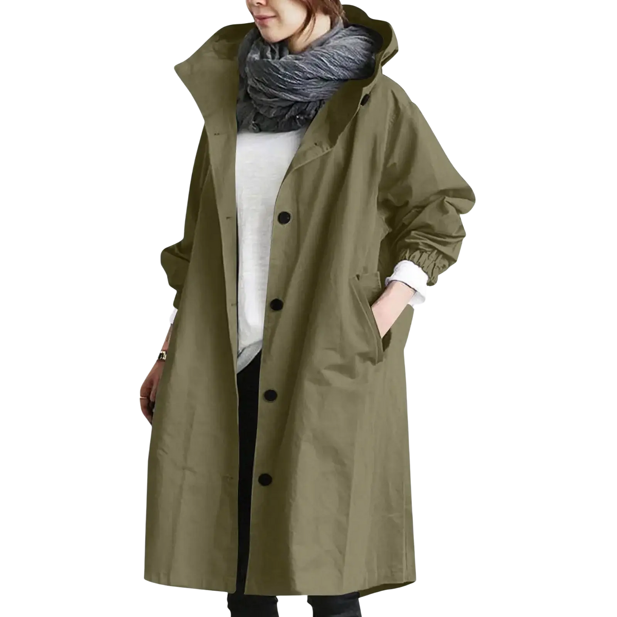 Olive green women hooded trench coat with black buttons and elasticated cuffs long windbreaker for wind protection