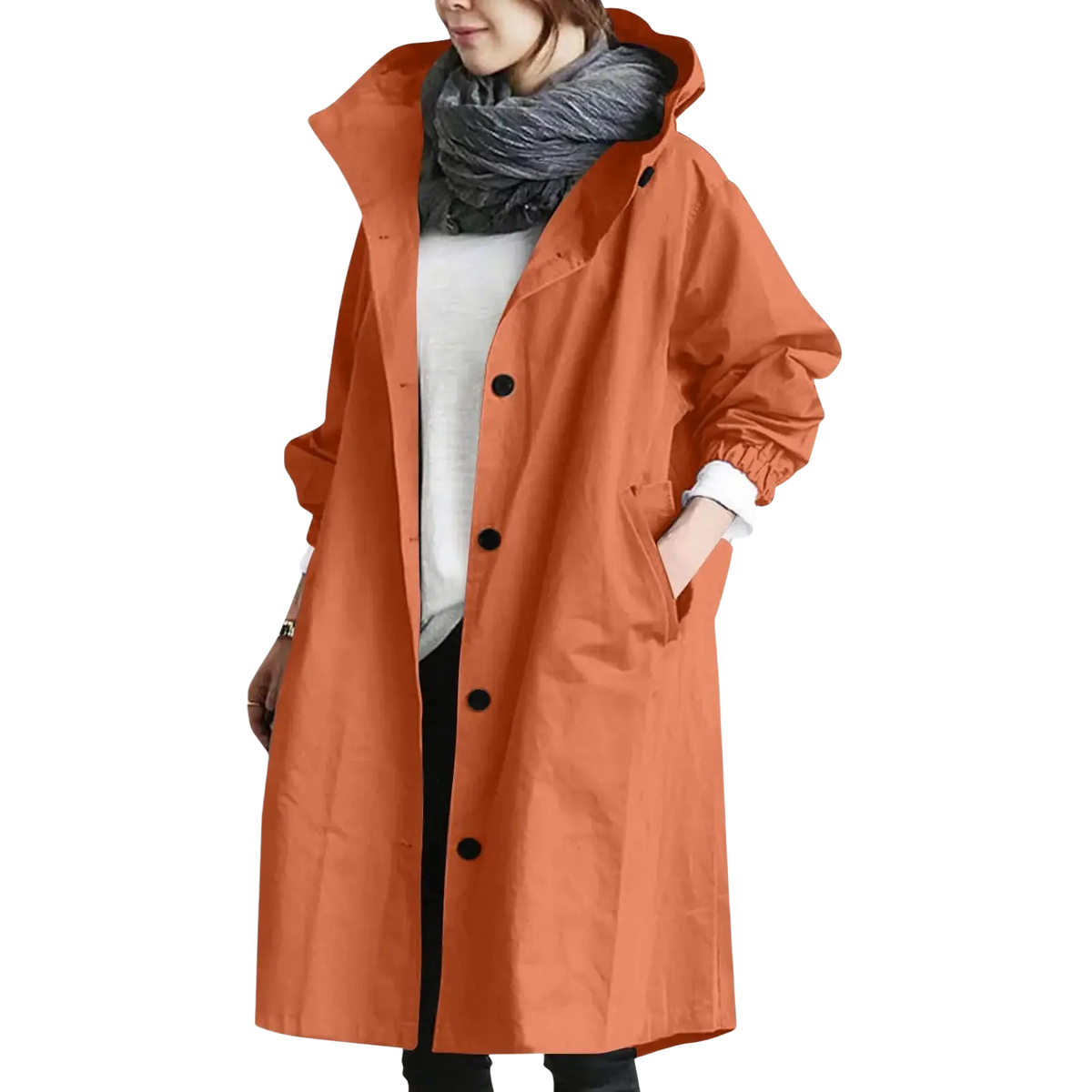 Women hooded trench coat long windbreaker in orange with black buttons and a hood for versatile weather protection