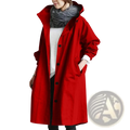 A vibrant red women hooded trench coat long windbreaker with black buttons and a hood for wind protection