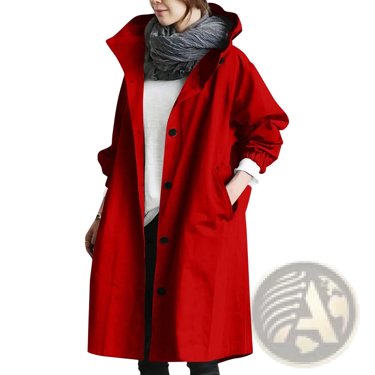 A vibrant red women hooded trench coat long windbreaker with black buttons and a hood for wind protection