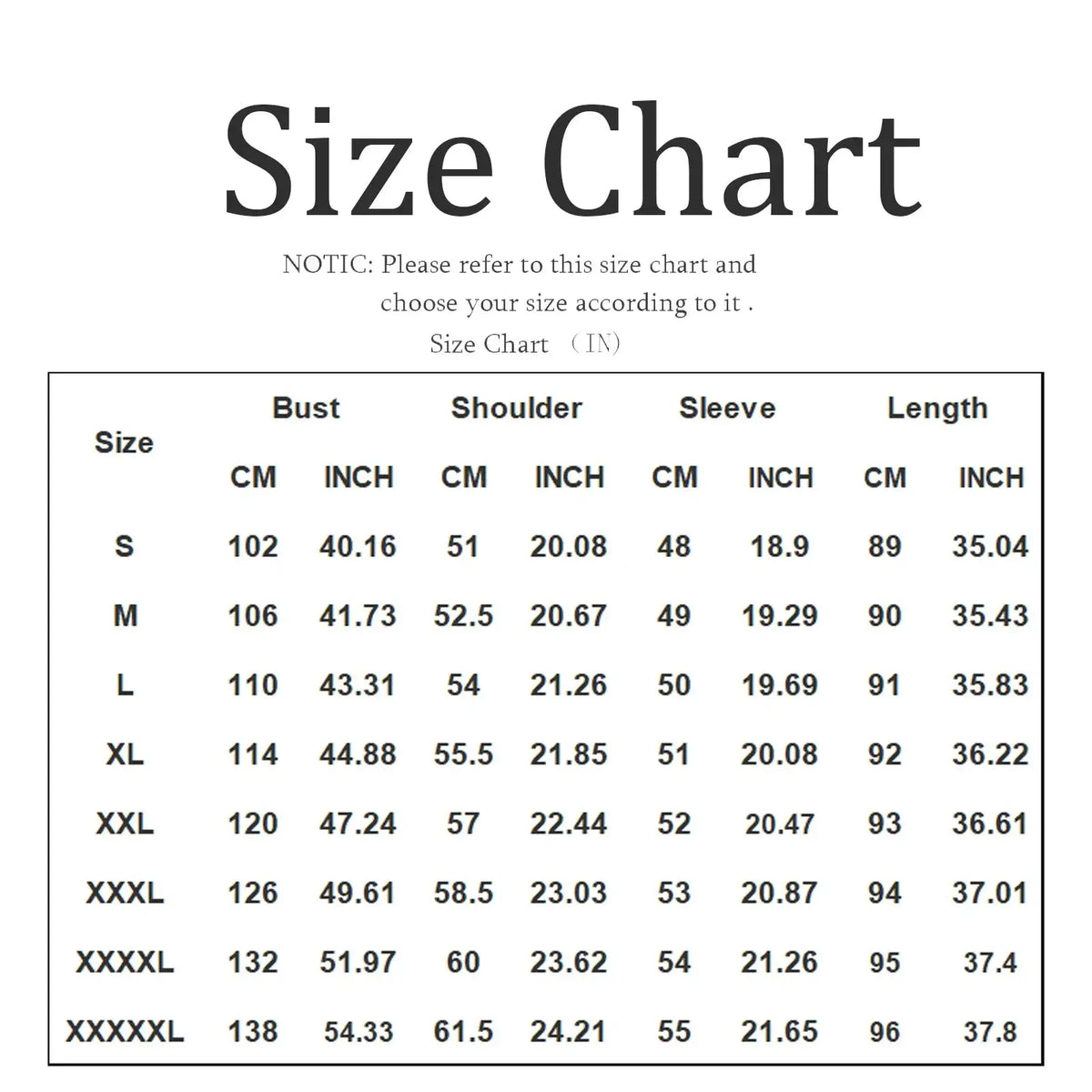 Size chart in centimeters and inches for women hooded trench coat long windbreaker in various sizes from S to XXXXXL