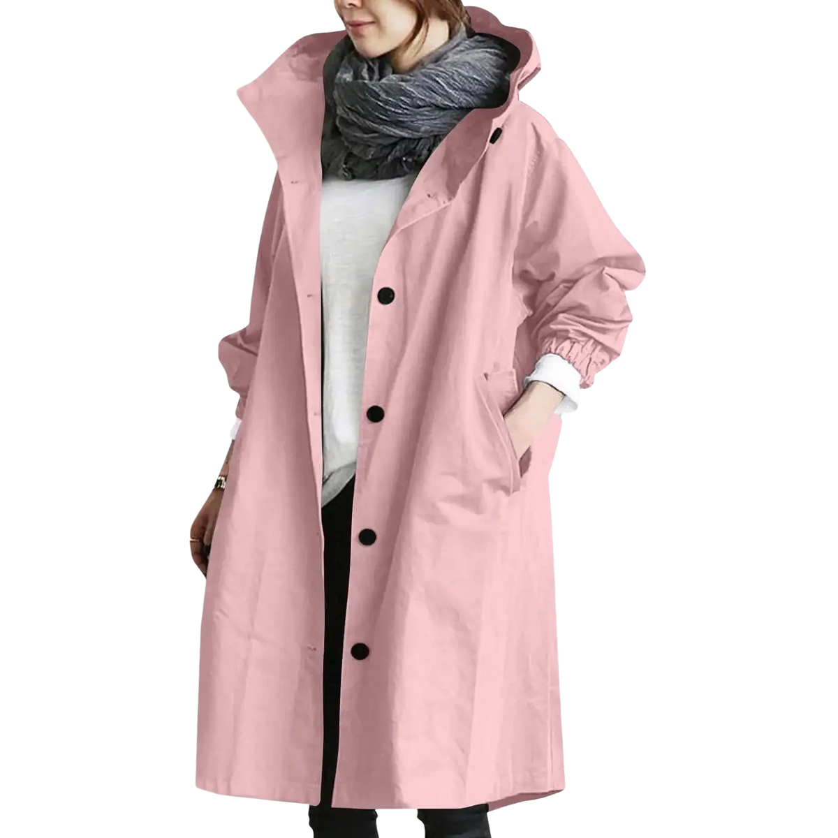 A soft pink women hooded trench coat long windbreaker with black buttons designed for lightweight protection