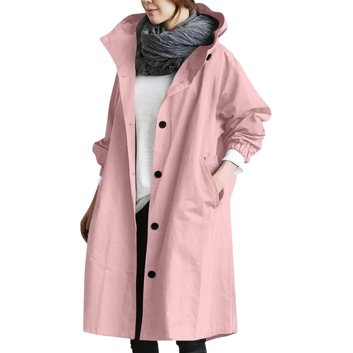 Women hooded trench coat long windbreaker in soft pink with long sleeves hood and black buttons for rainy weather