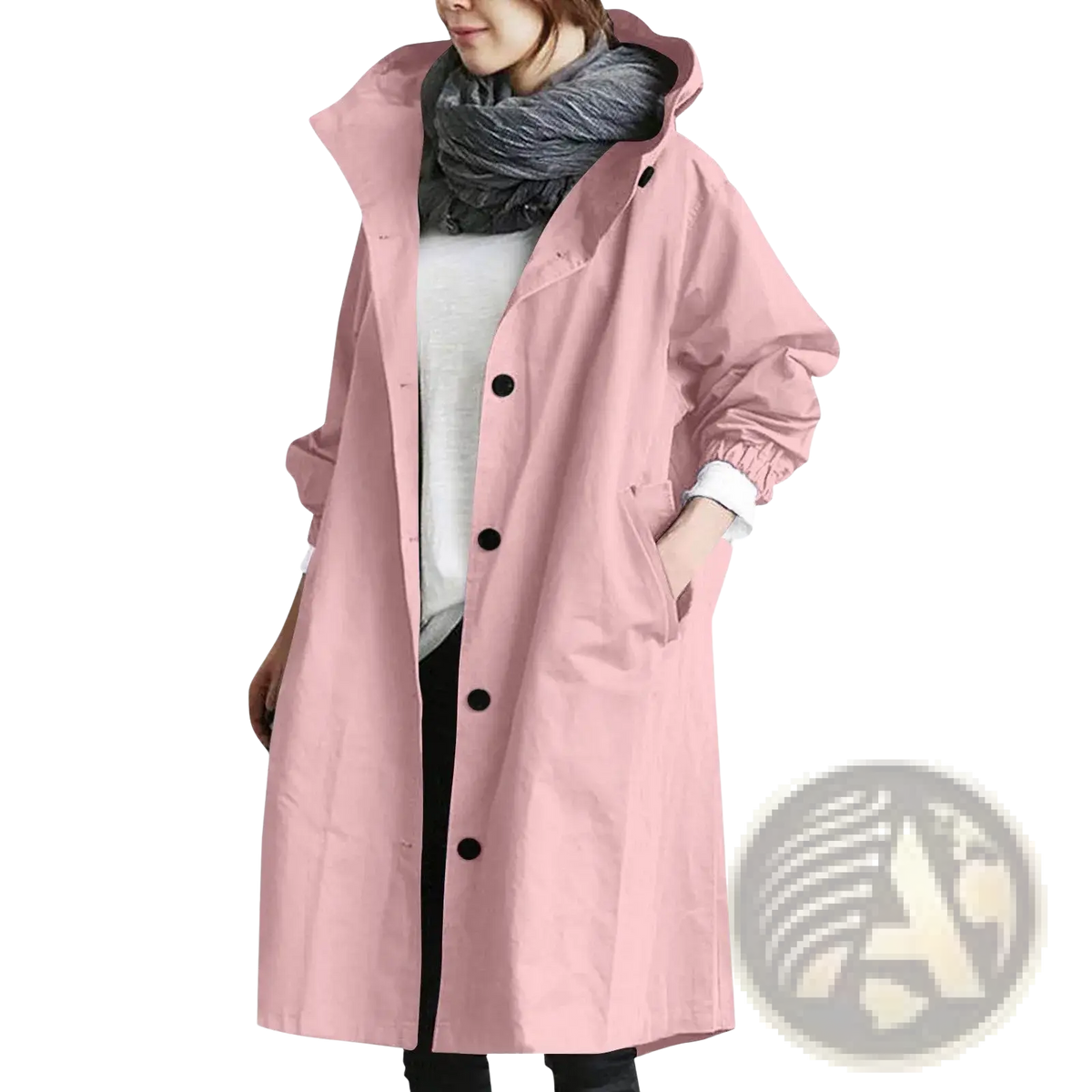 Women hooded trench coat long windbreaker in soft pink with long sleeves hood and black buttons for rainy weather