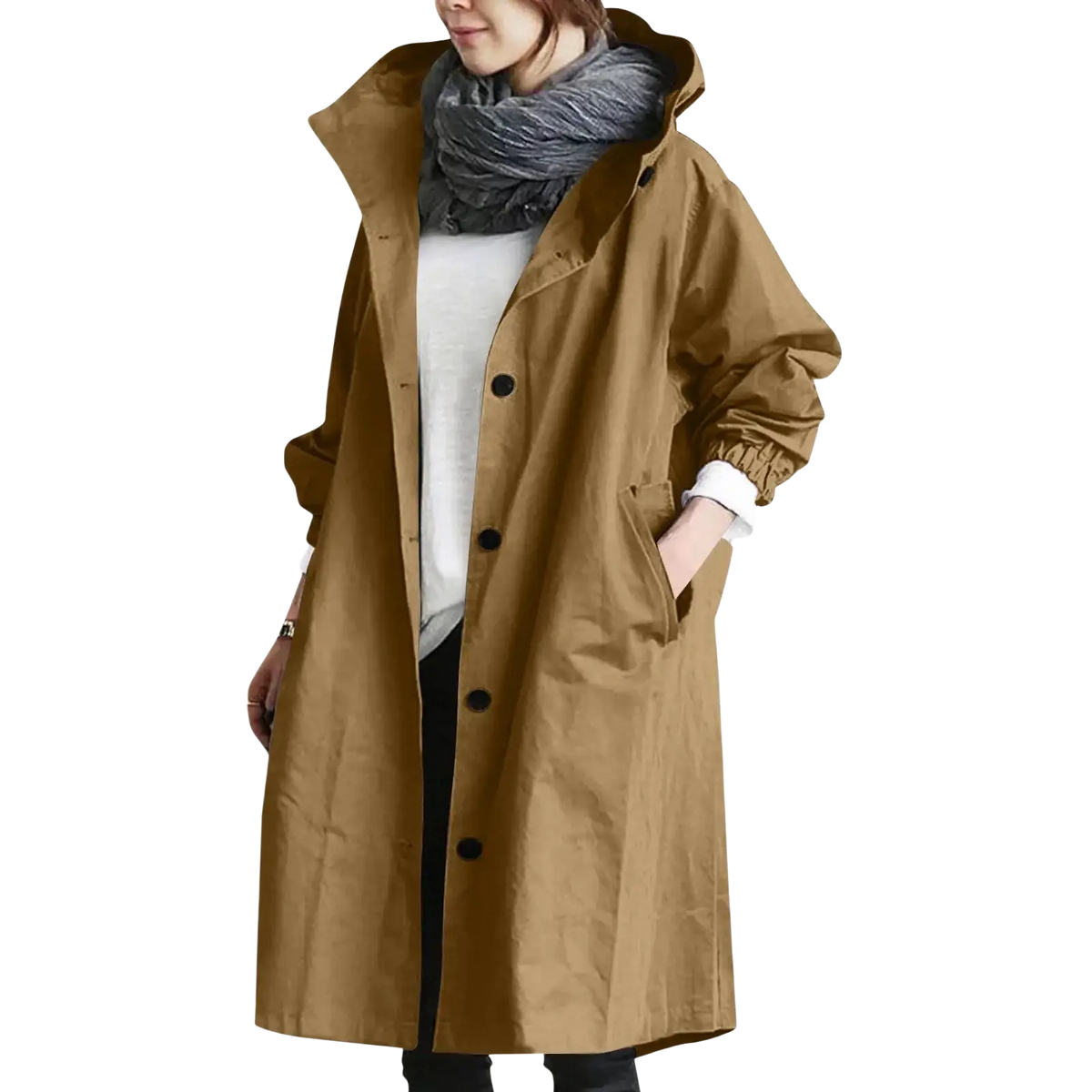 Women hooded trench coat long windbreaker in tan with black buttons and a hood made of lightweight material