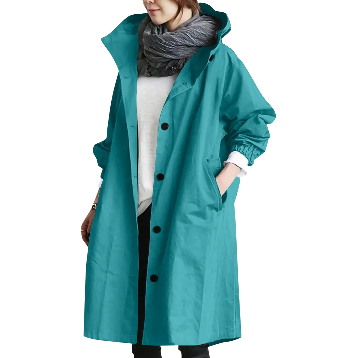 Women hooded trench coat long windbreaker in teal with black buttons and hood suitable for windy weather