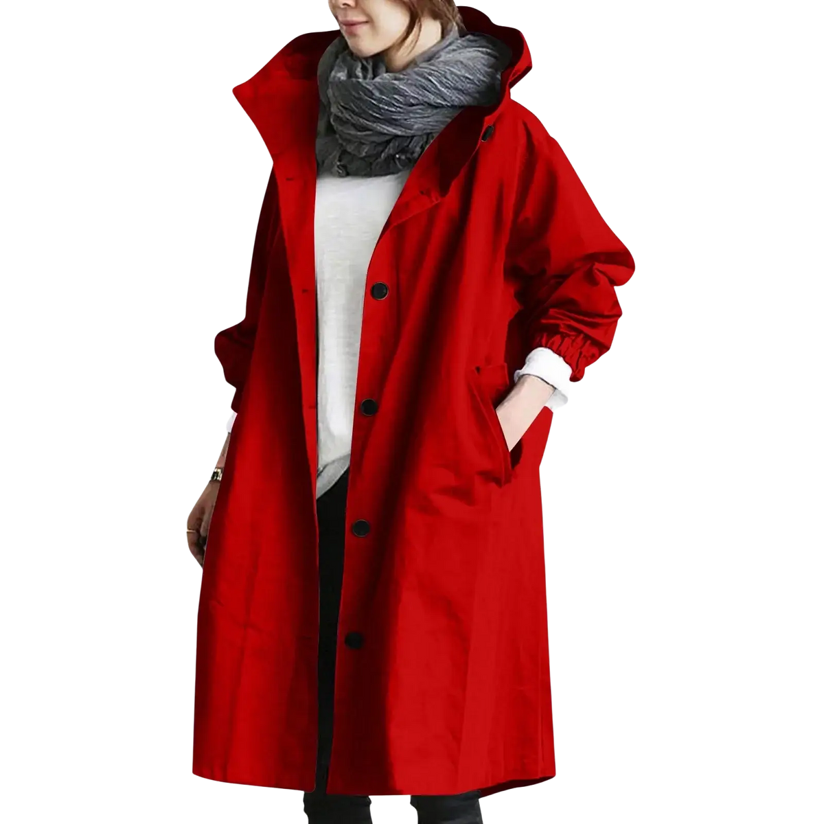 A vibrant red women hooded trench coat long windbreaker with black buttons and a hood for wind protection
