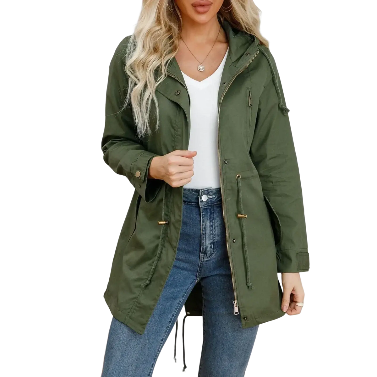 Women hooded utility trench coat olive green with gold-tone zipper pulls and button closures in durable fabric