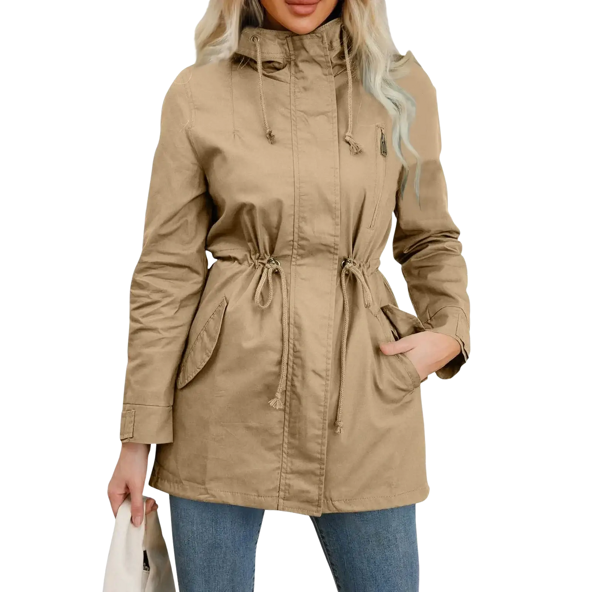 Beige hooded parka with drawstring waist and pockets featured in women hooded utility trench coat olive green product