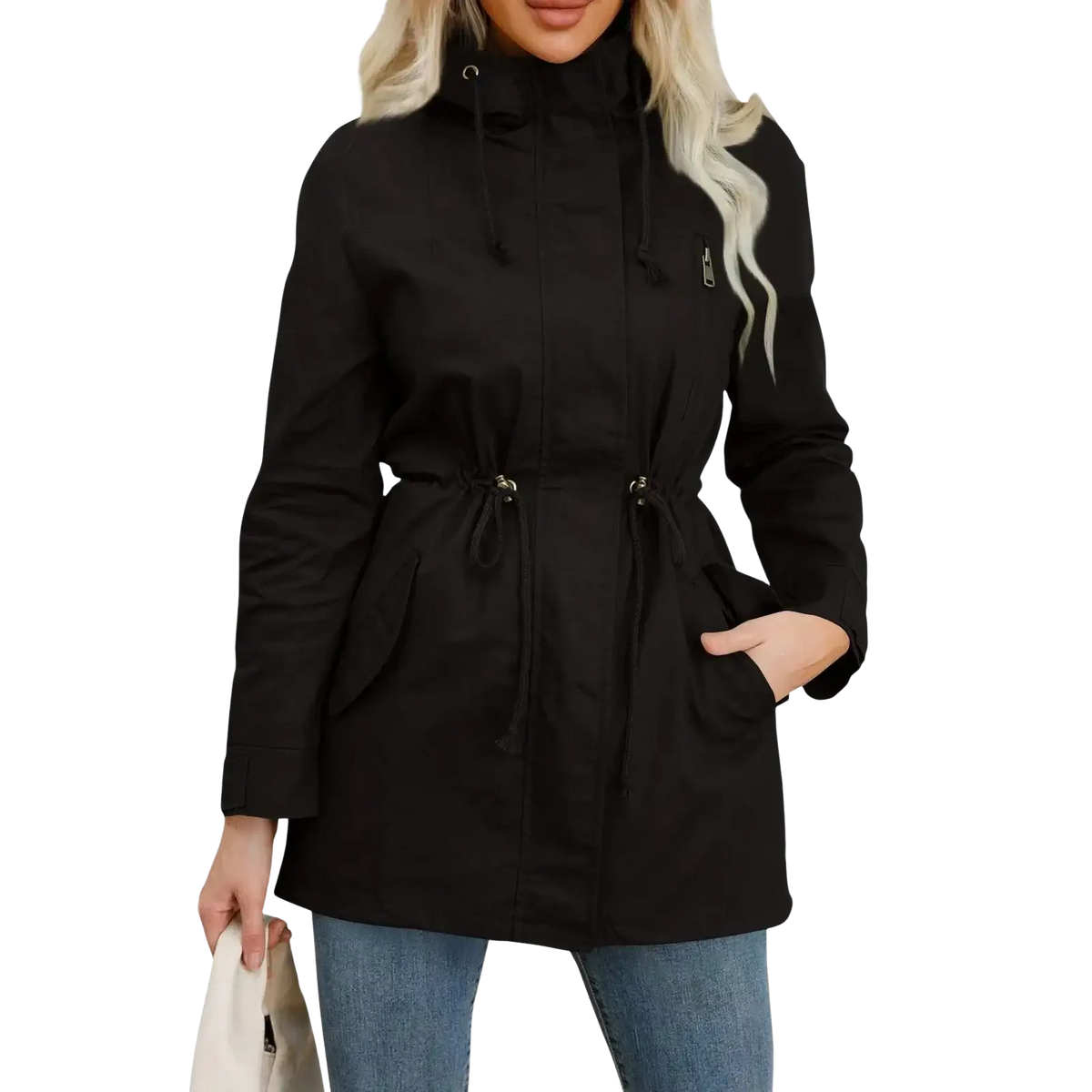 Women hooded utility trench coat in olive green with a drawstring waist and front pockets in black hooded parka style