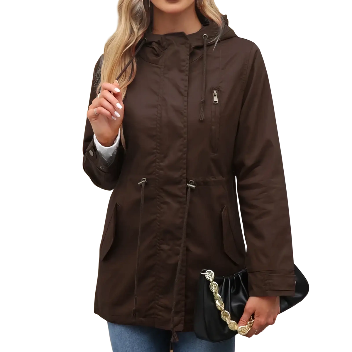 Women hooded utility trench coat in olive green featuring a brown hooded parka with drawstring cuffs and front zipper closure