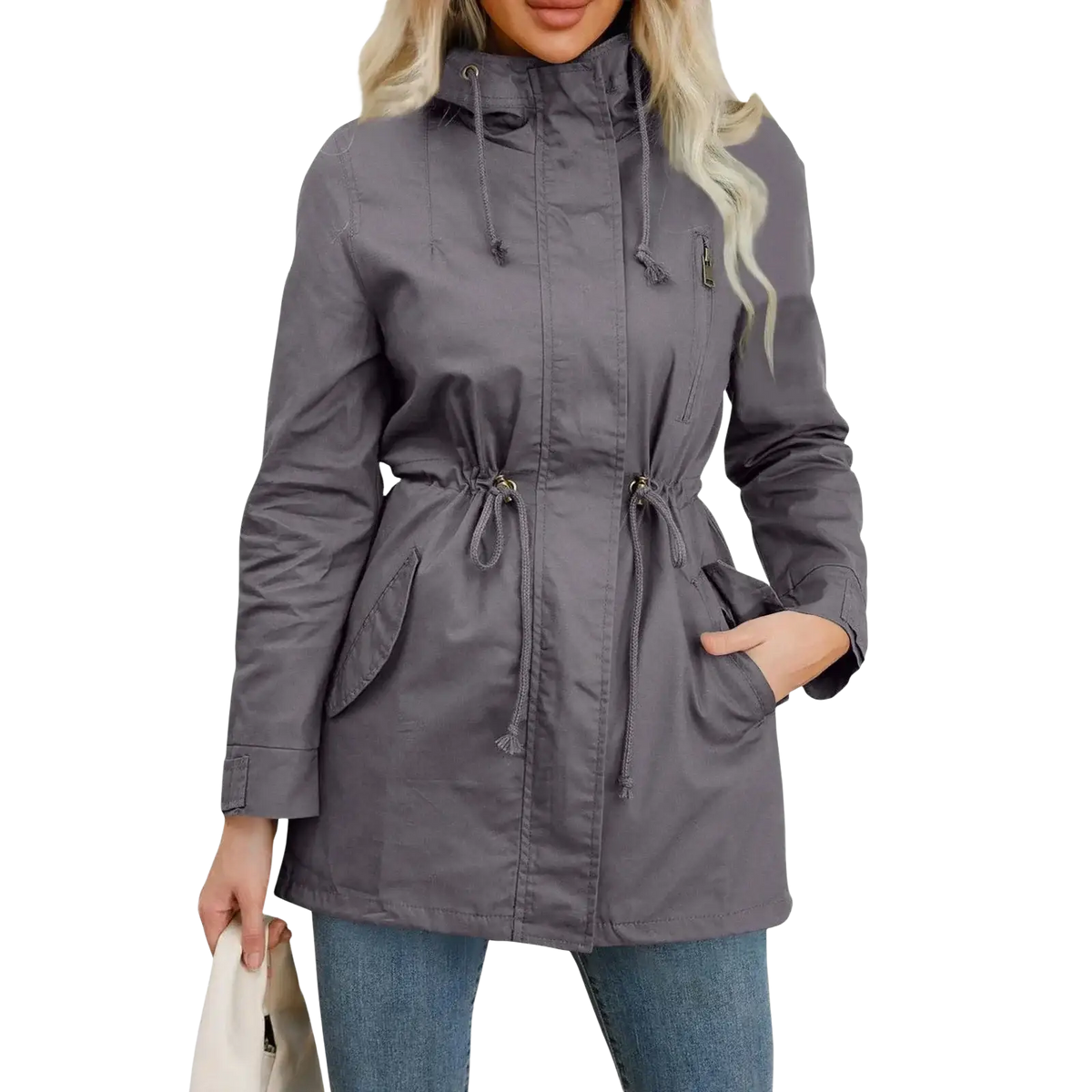 Women hooded utility trench coat in olive green featuring a gray hooded parka with drawstring waist and pockets