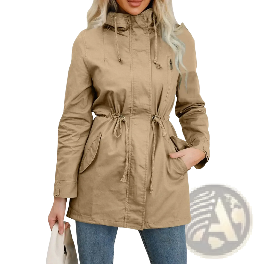Beige hooded parka with drawstring waist and pockets featured in women hooded utility trench coat olive green product