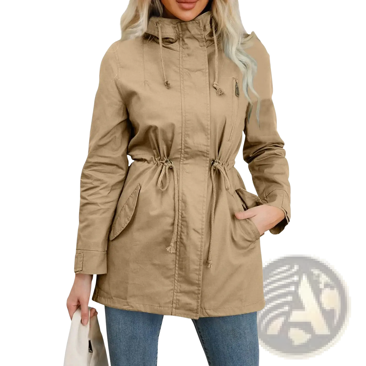 Beige hooded parka with drawstring waist and pockets featured in women hooded utility trench coat olive green product