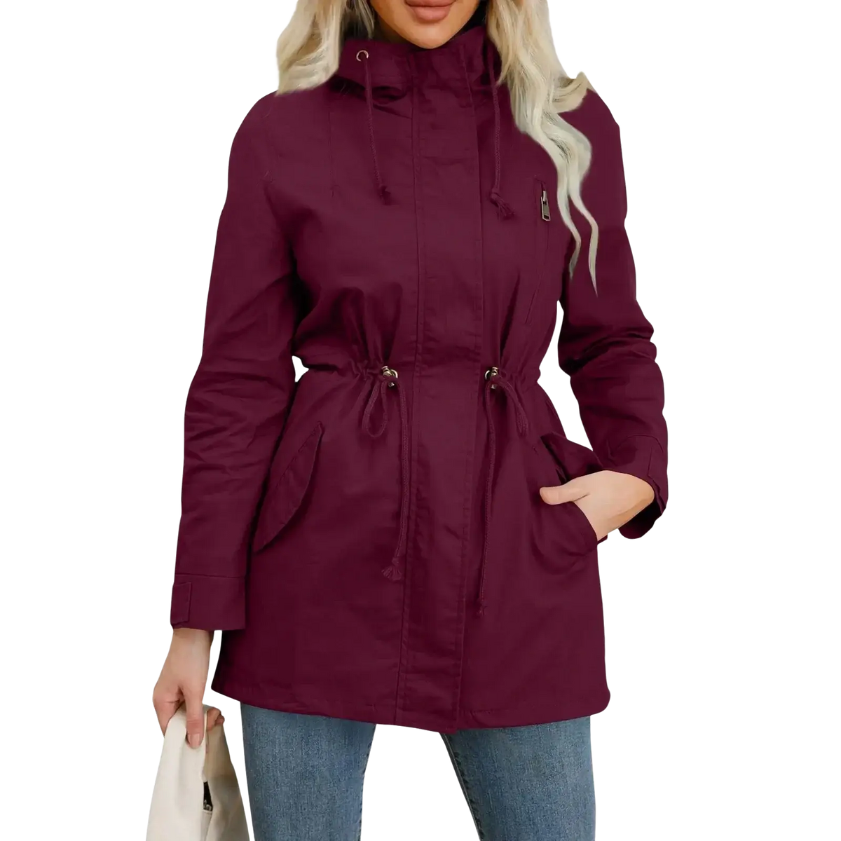 A maroon mid-length hooded trench coat with drawstring waist for women utility outerwear