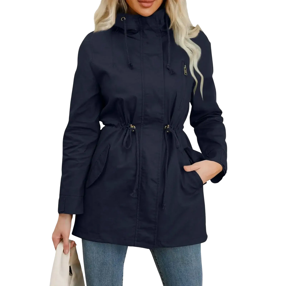 Navy blue hooded trench coat with drawstring waist and front pockets for women’s utility outerwear