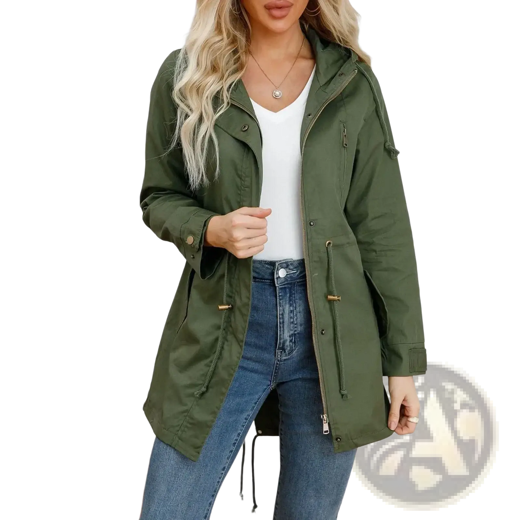 Women hooded utility trench coat olive green with gold-tone zipper pulls and button closures in durable fabric