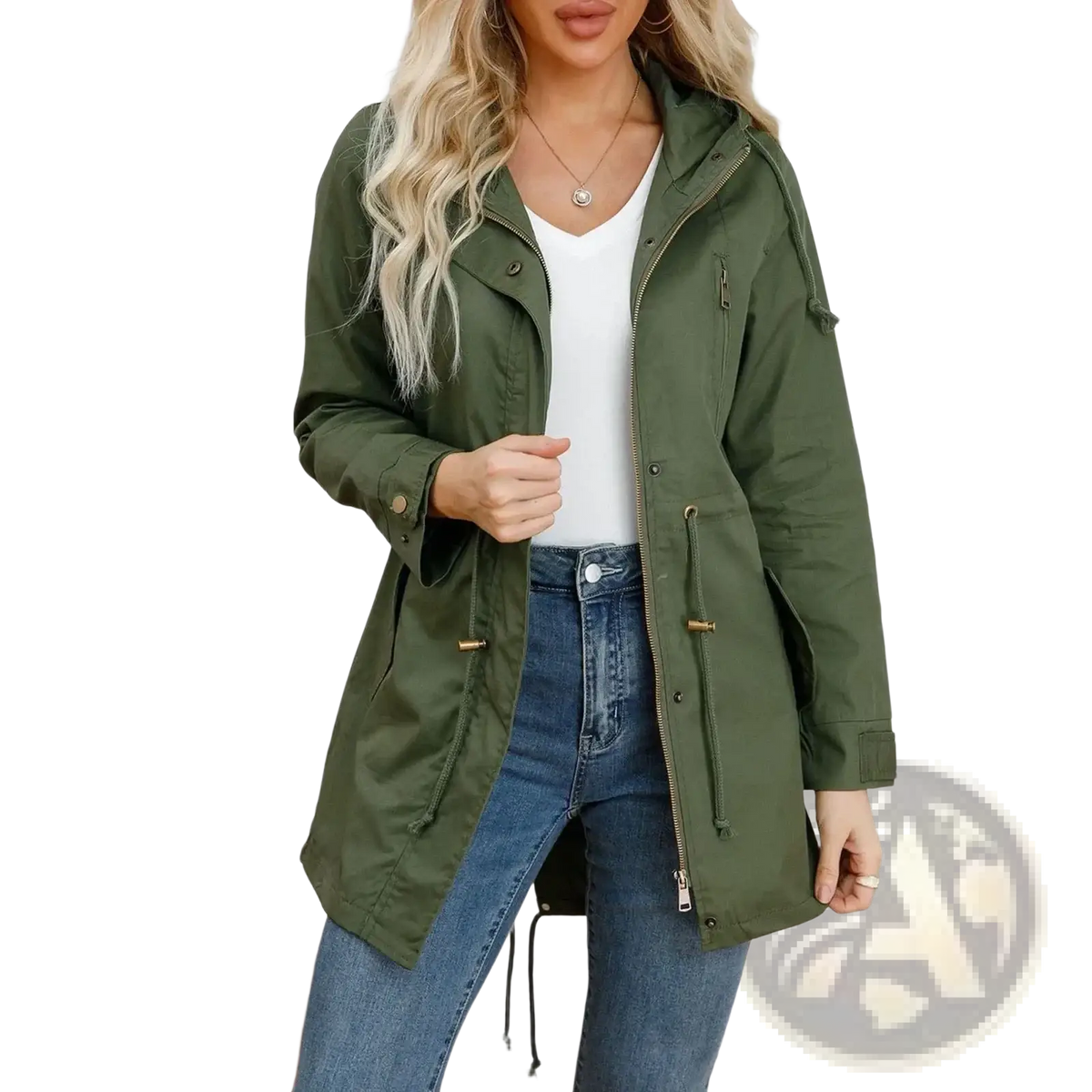 Women hooded utility trench coat olive green with gold-tone zipper pulls and button closures in durable fabric