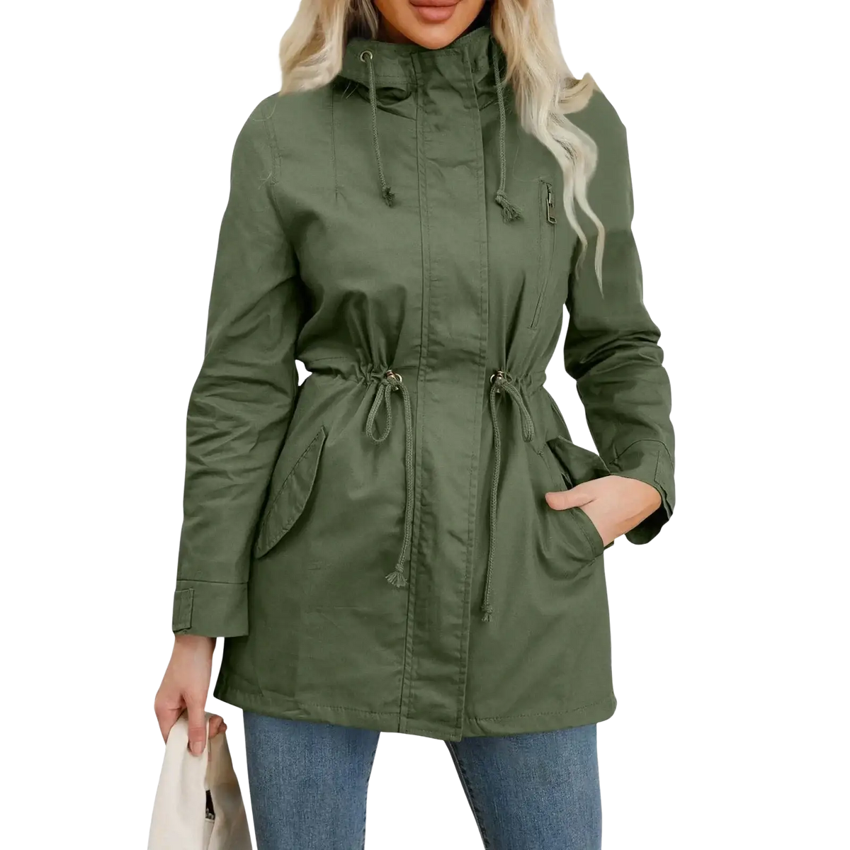 Women hooded utility trench coat in olive green featuring a drawstring waist hood and multiple pockets