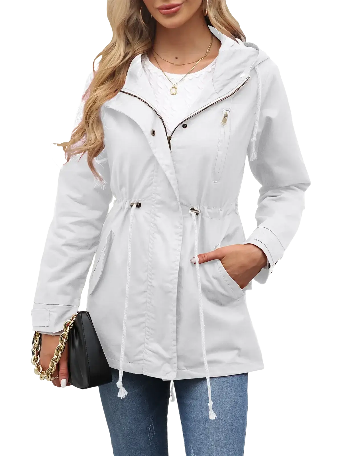 White hooded raincoat with drawstring waist and front zipper closure in olive green utility trench coat style