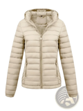 Beige quilted puffer jacket for women with a hood, soft inner lining, and front zipper closure for winter wear
