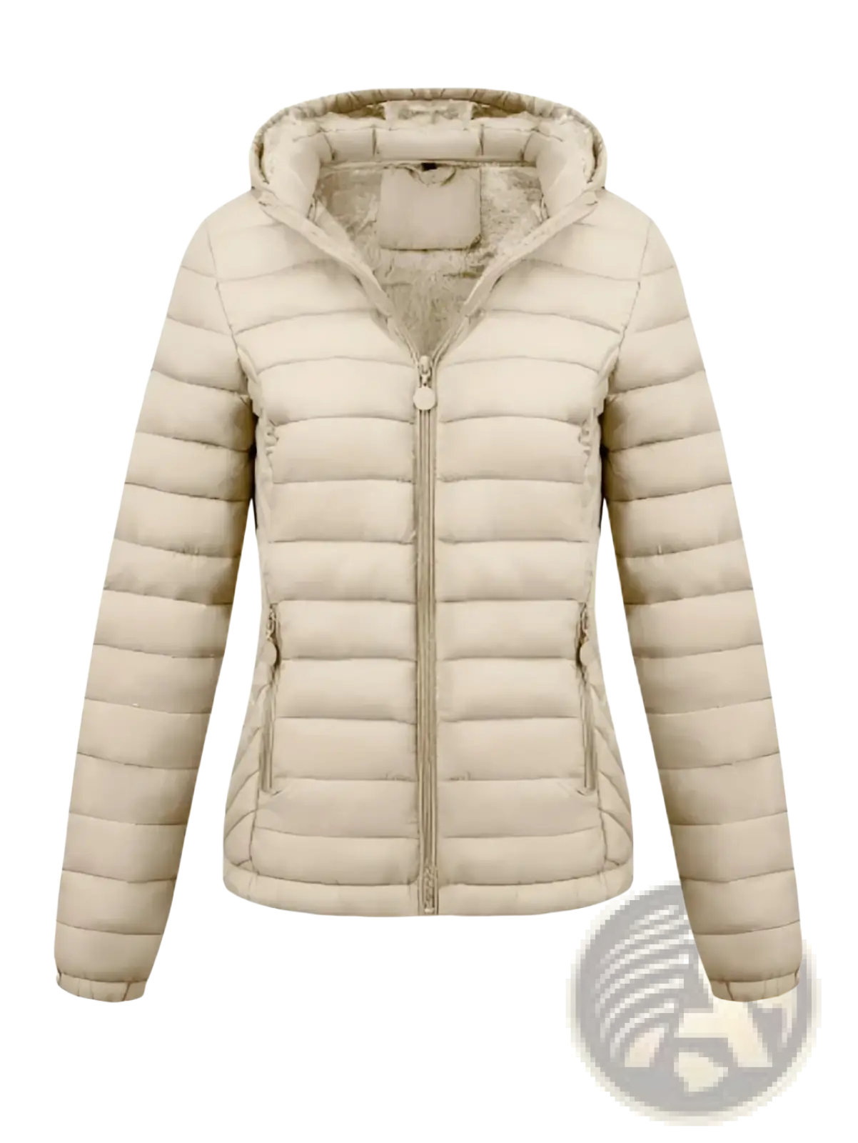 Beige quilted puffer jacket for women with a hood, soft inner lining, and front zipper closure for winter wear