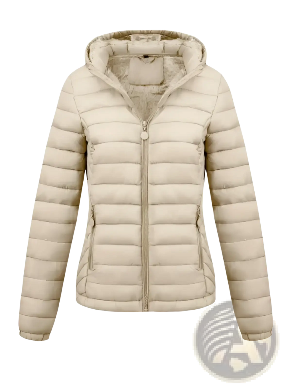 Beige quilted hooded puffer jacket for women with soft plush interior lining ideal for winter wear