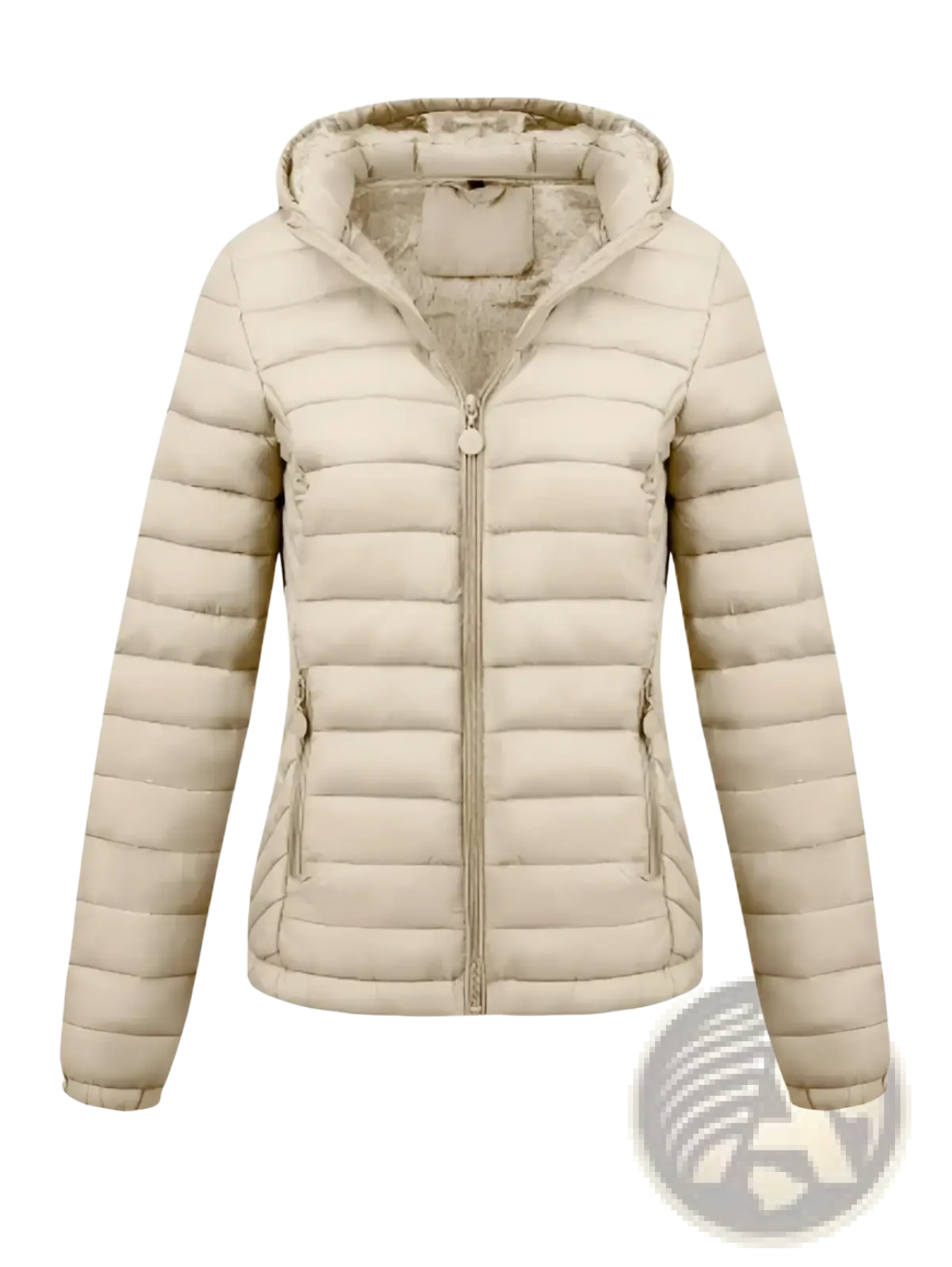 Beige quilted hooded puffer jacket for women with soft plush interior lining ideal for winter wear
