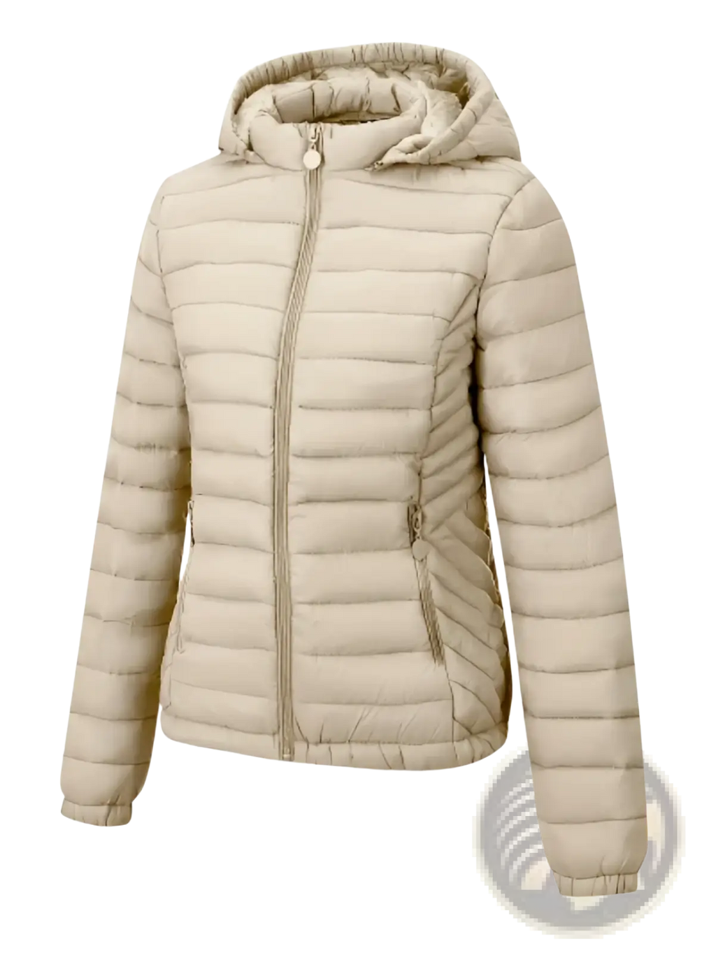 Beige quilted puffer jacket for women with hood central zipper and side pockets ideal for winter wear