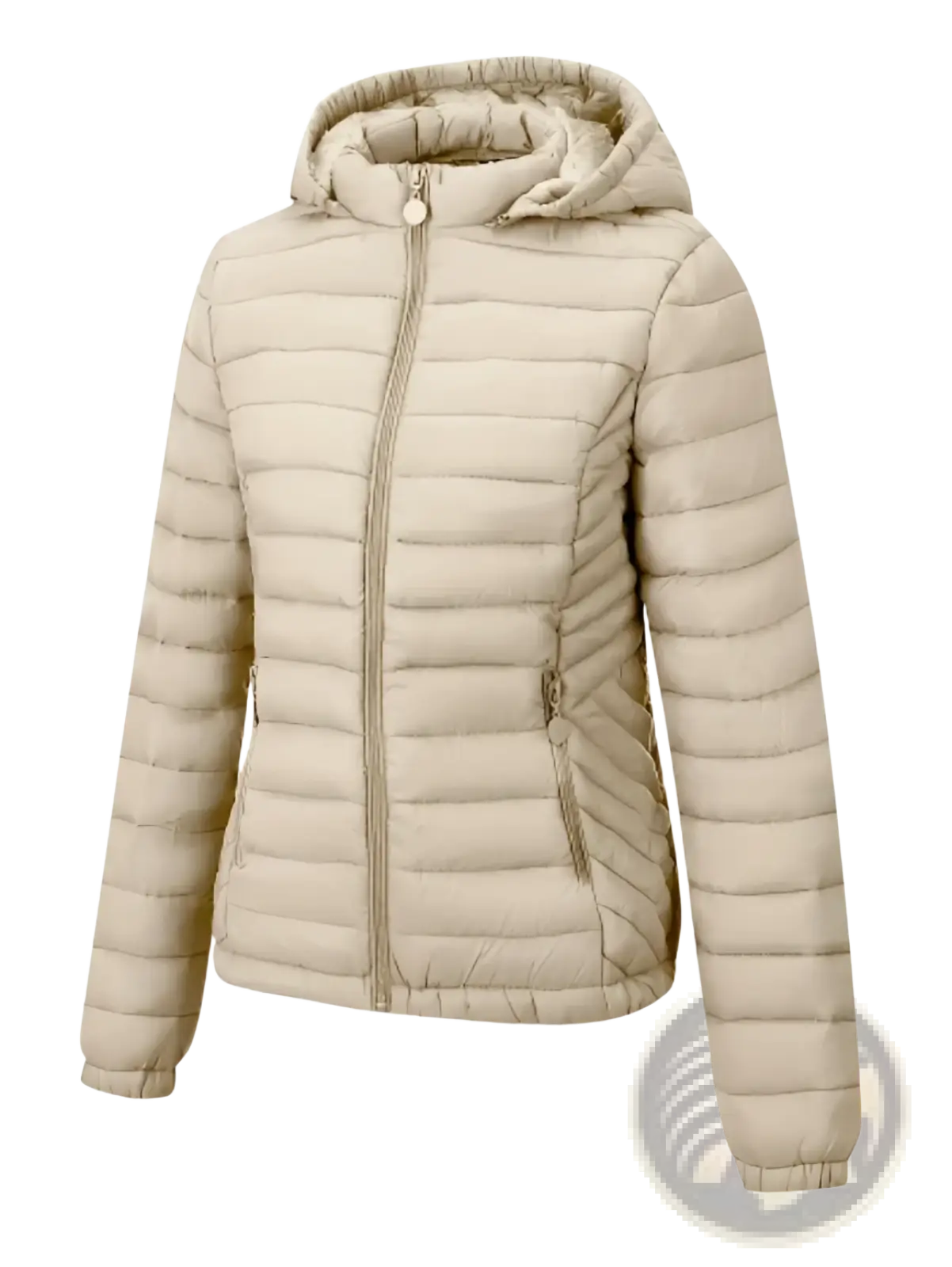 Beige quilted puffer jacket for women with hood central zipper and side pockets ideal for winter wear
