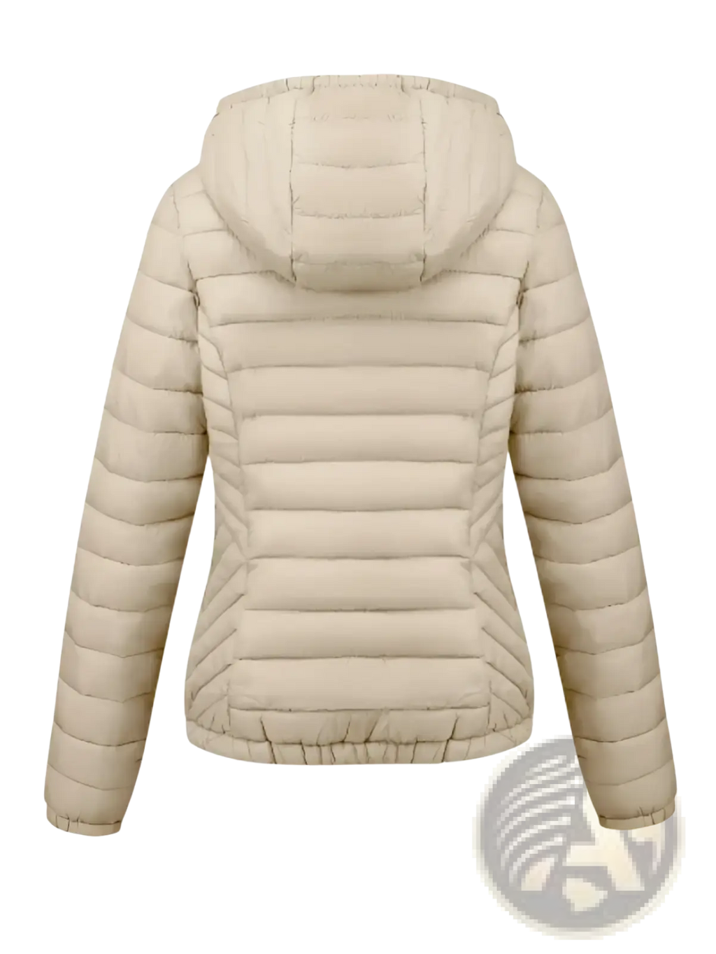 Beige quilted hooded puffer jacket for women with horizontal stitching and elasticized cuffs for winter wear