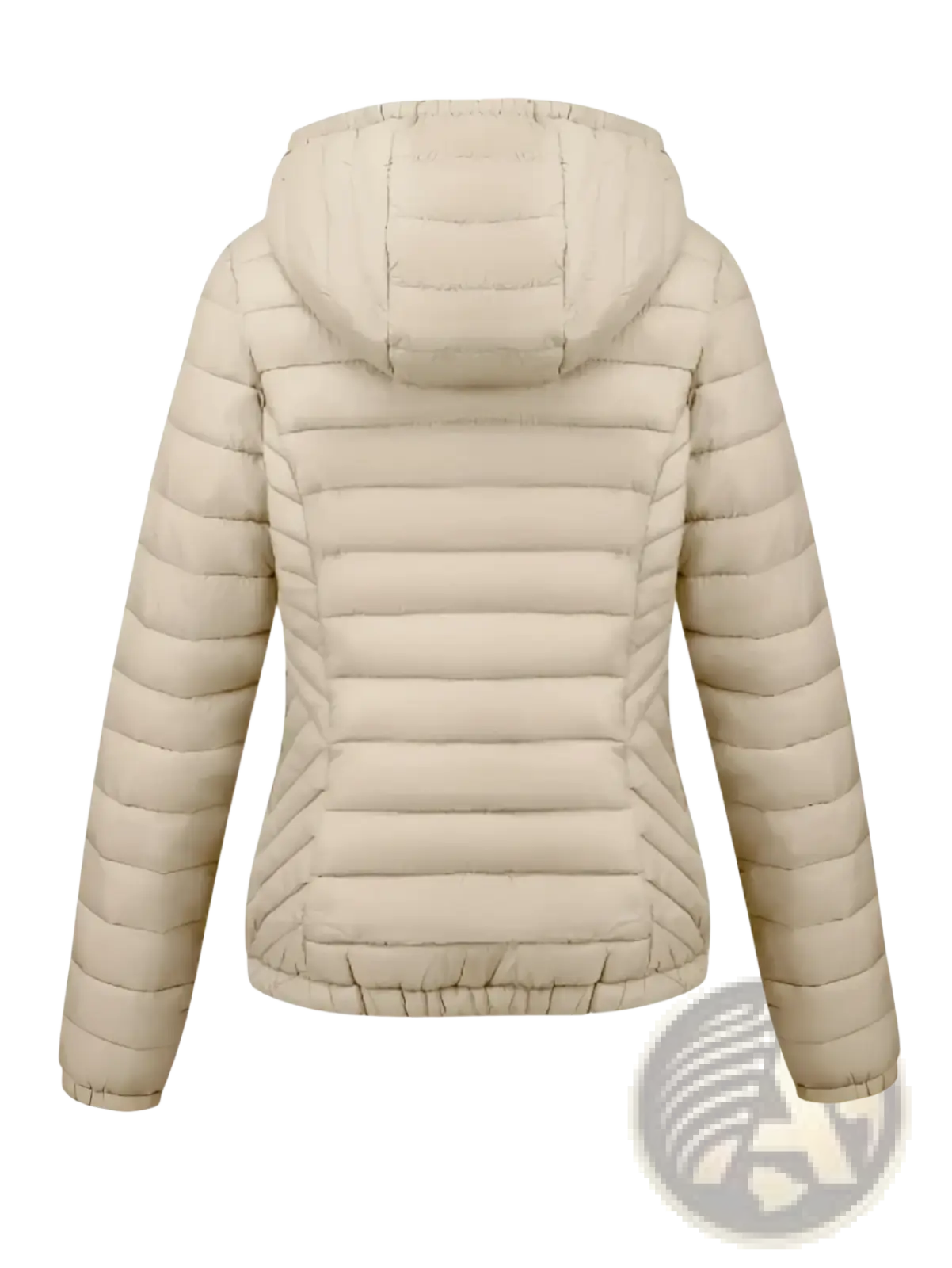 Beige quilted hooded puffer jacket for women with horizontal stitching and elasticized cuffs for winter wear