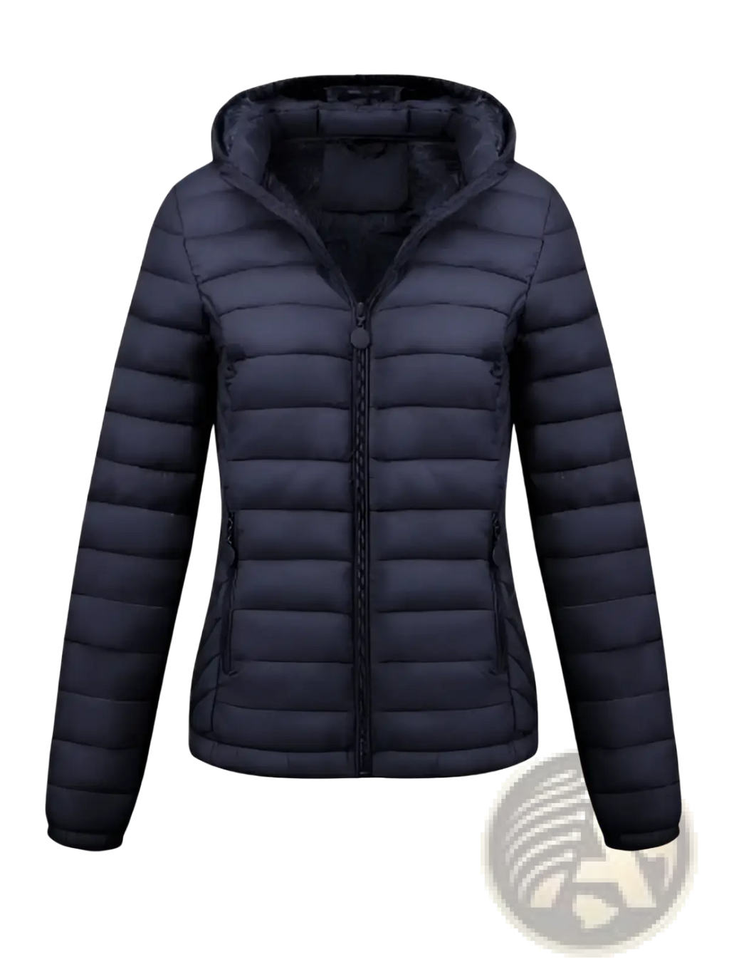 Dark navy quilted hooded jacket with sleek modern design and subtle zipper detailing for women winter wear