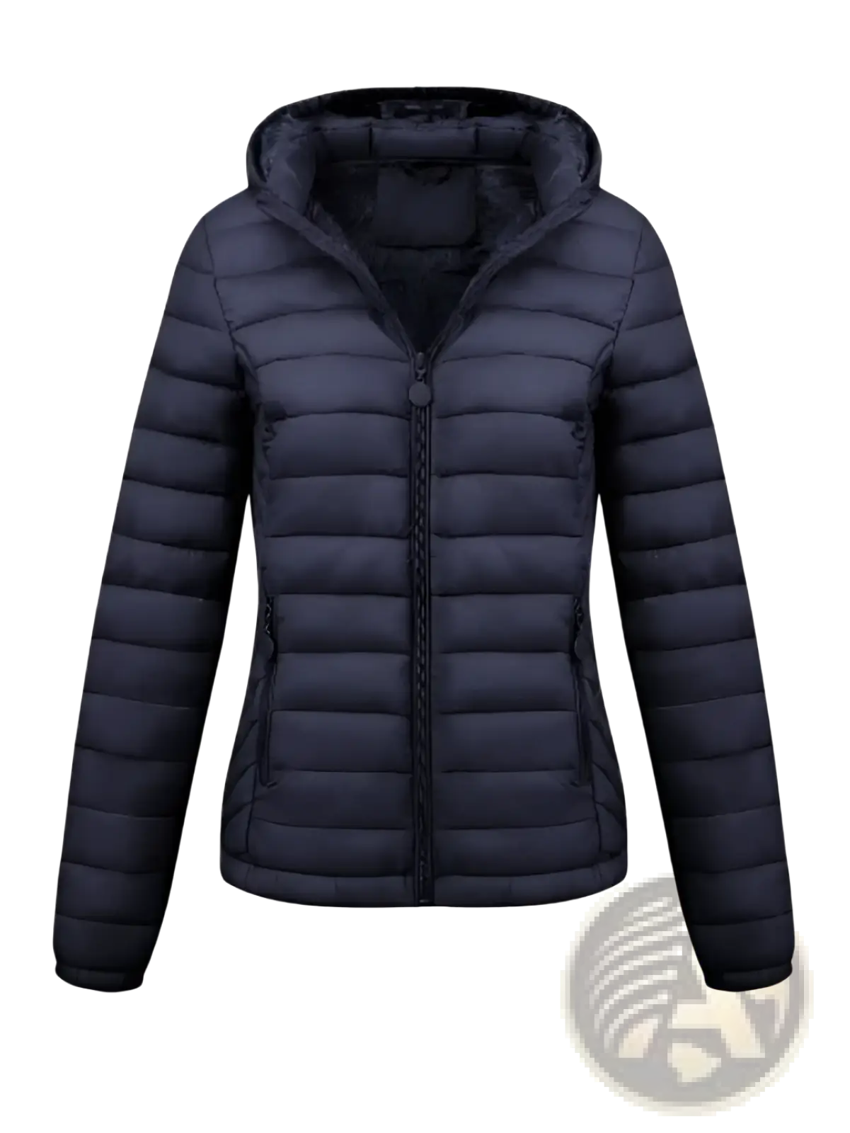 Dark navy quilted hooded jacket with sleek modern design and subtle zipper detailing for women winter wear