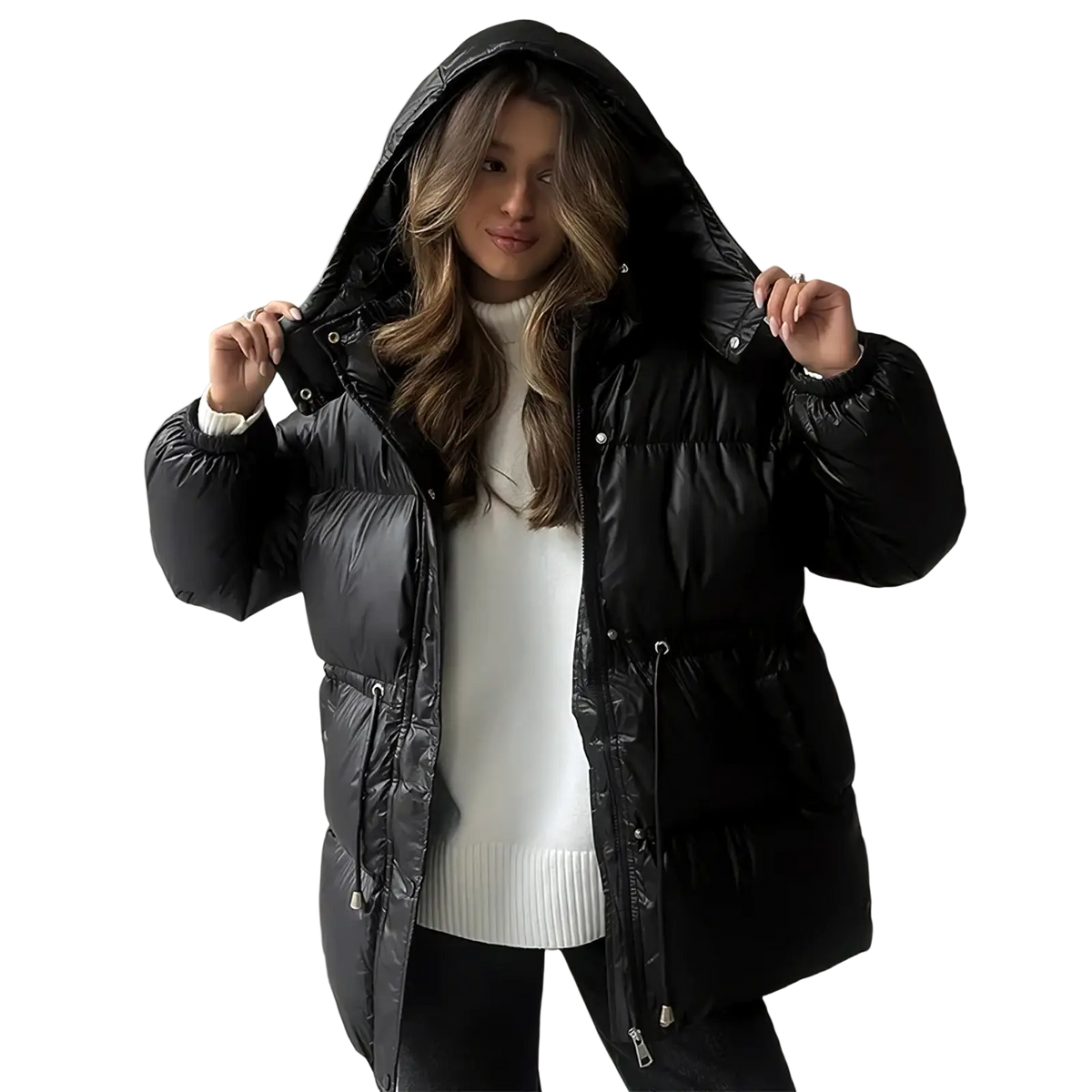 Women hooded winter parka puffer jacket in black with quilted design, hood, and silver-toned zippers