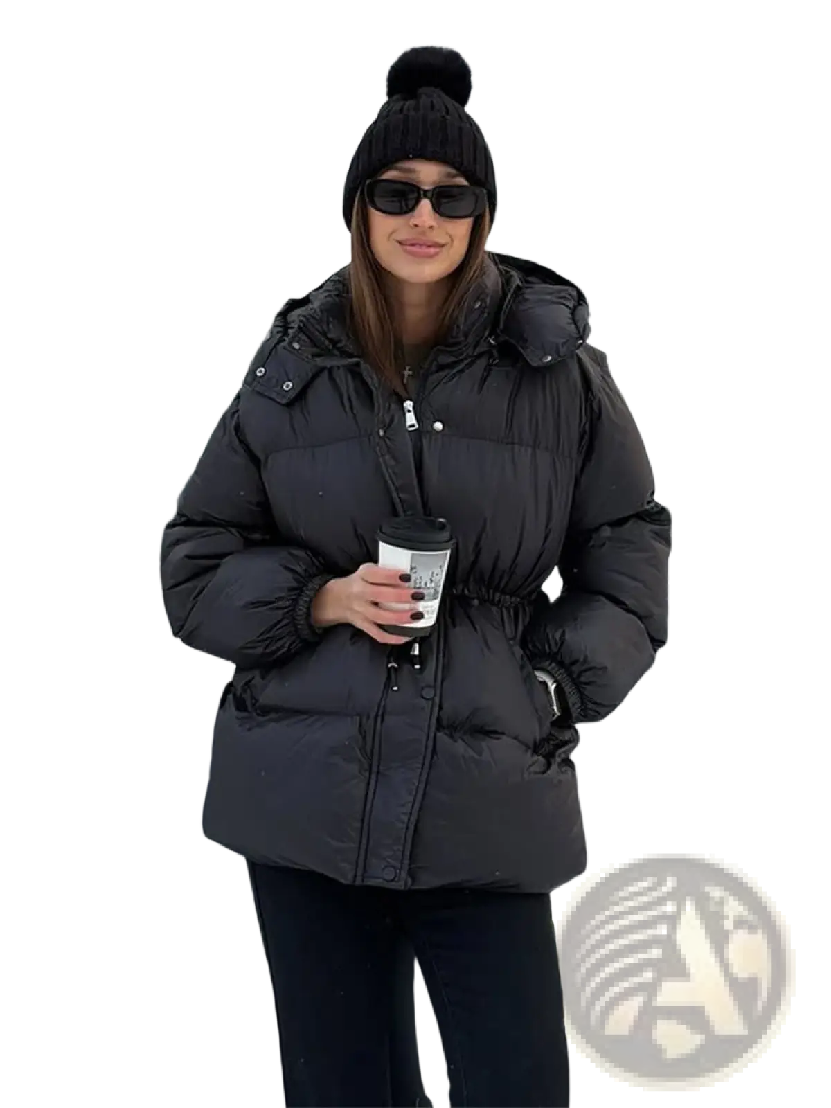 Black women hooded winter parka puffer jacket with silver zipper pulls designed for cold weather warmth