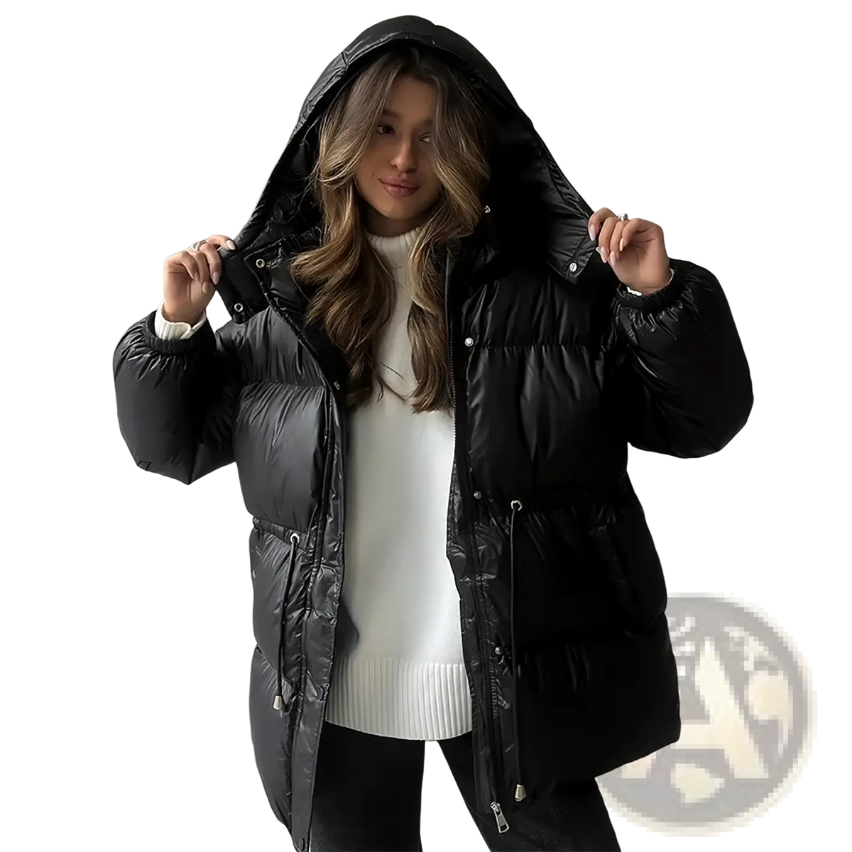 Women hooded winter parka puffer jacket in black with quilted design, hood, and silver-toned zippers