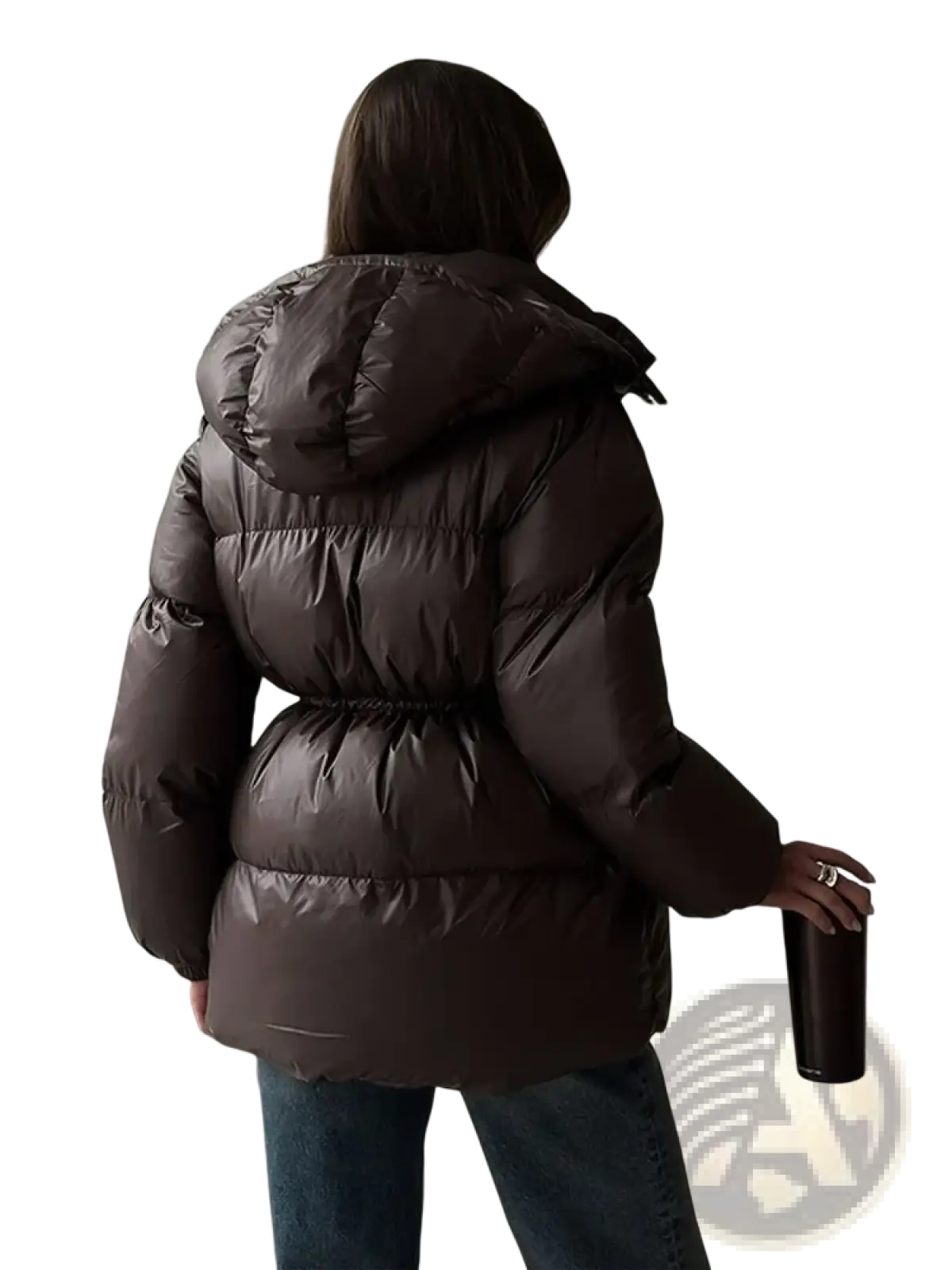 Women hooded winter parka puffer jacket in dark brown quilted fabric with hood and elastic waistband