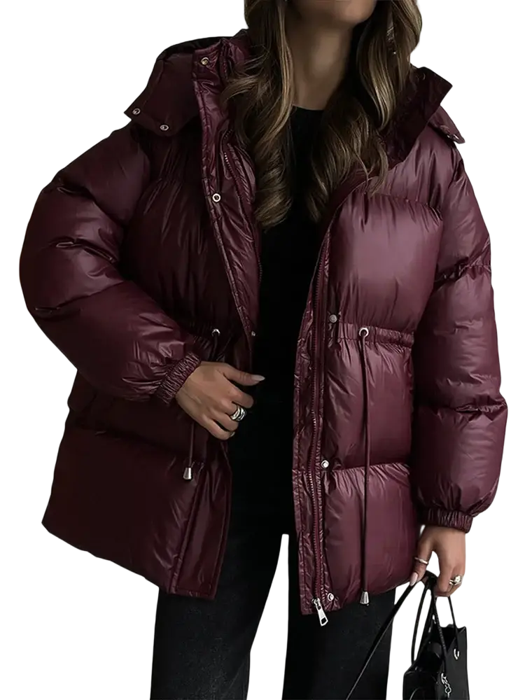 Women hooded winter parka puffer jacket in glossy maroon with elastic cuffs and front zipper closure