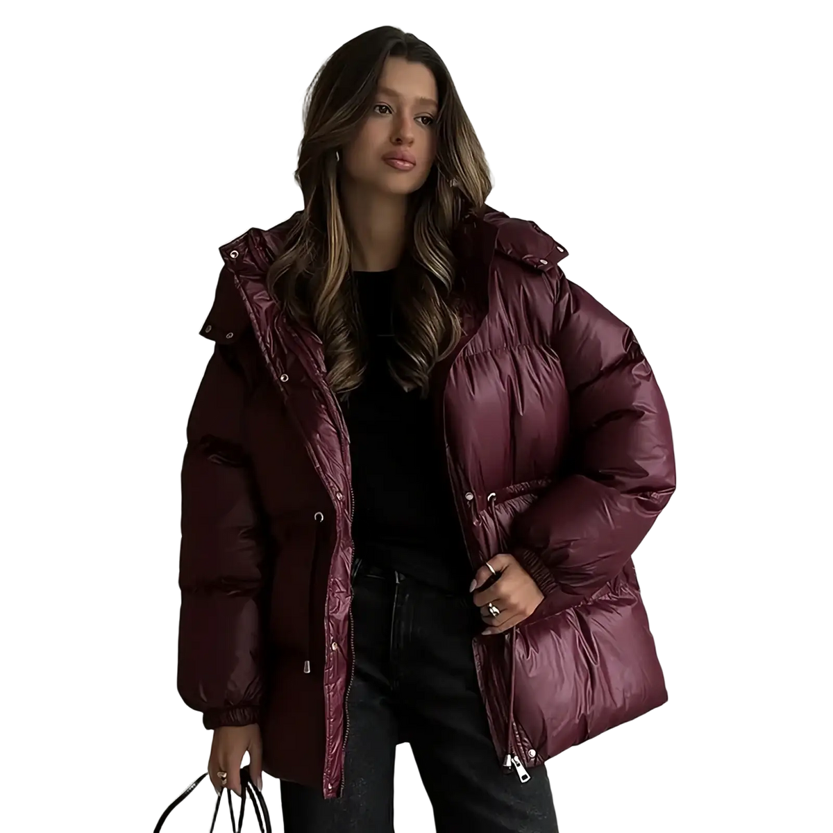 Women hooded winter parka puffer jacket in glossy maroon with quilted design and adjustable hood for cold weather