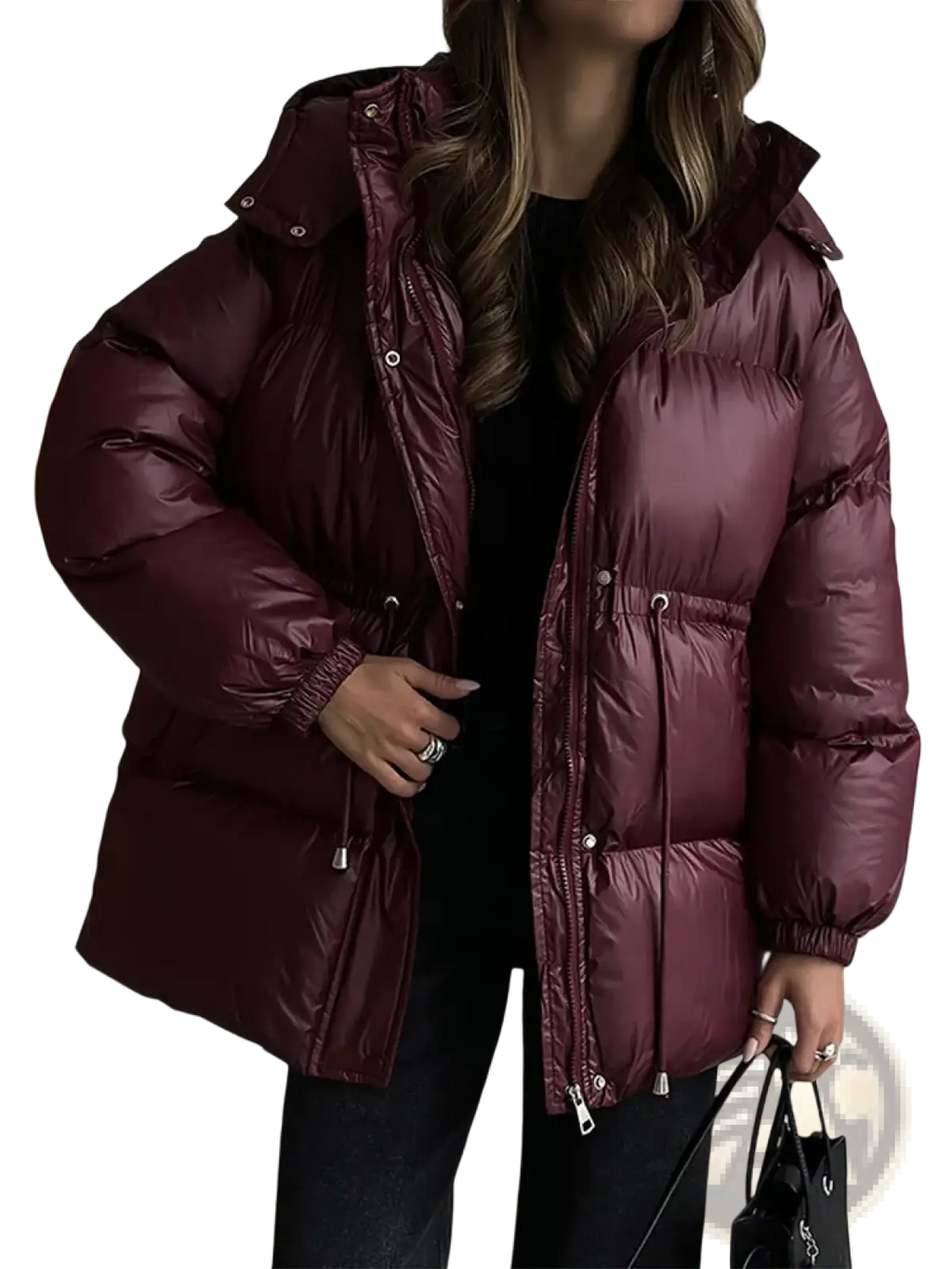 Women hooded winter parka puffer jacket in glossy maroon with elastic cuffs and front zipper closure