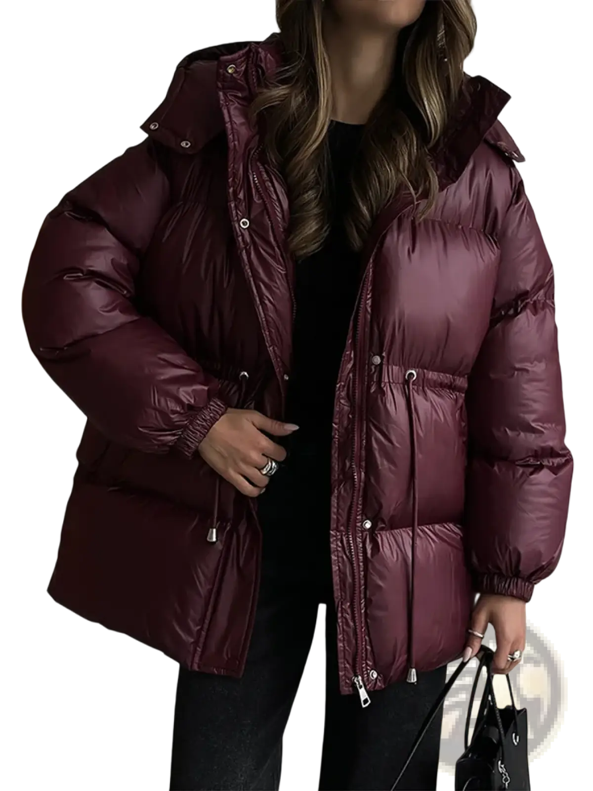 Women hooded winter parka puffer jacket in glossy maroon with elastic cuffs and front zipper closure
