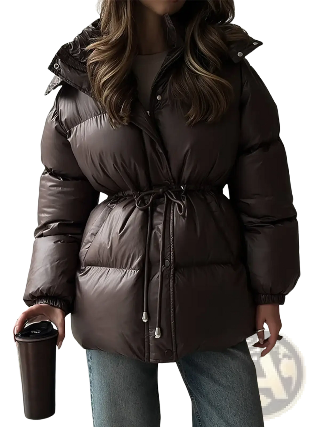Women hooded winter parka puffer jacket in sleek dark brown with quilted design and drawstring waist